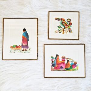 3 Pc. Rare Original Set Indiginous Art Scenes Framed 90's Vtg. Stunning
